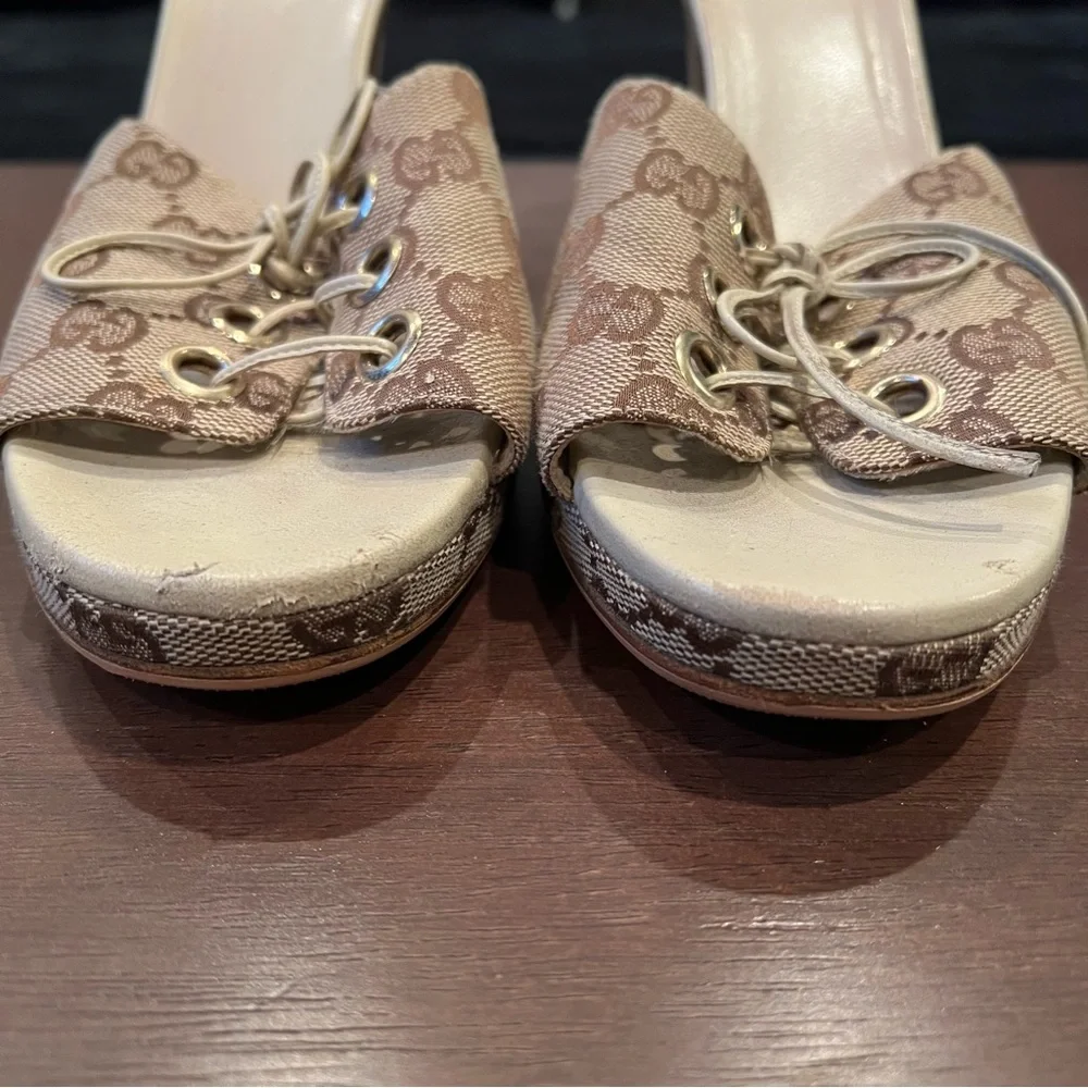 Gucci Beige GG Canvas Open Toe Wedge Heel Women’s Size 10 - Picture 3 of 10